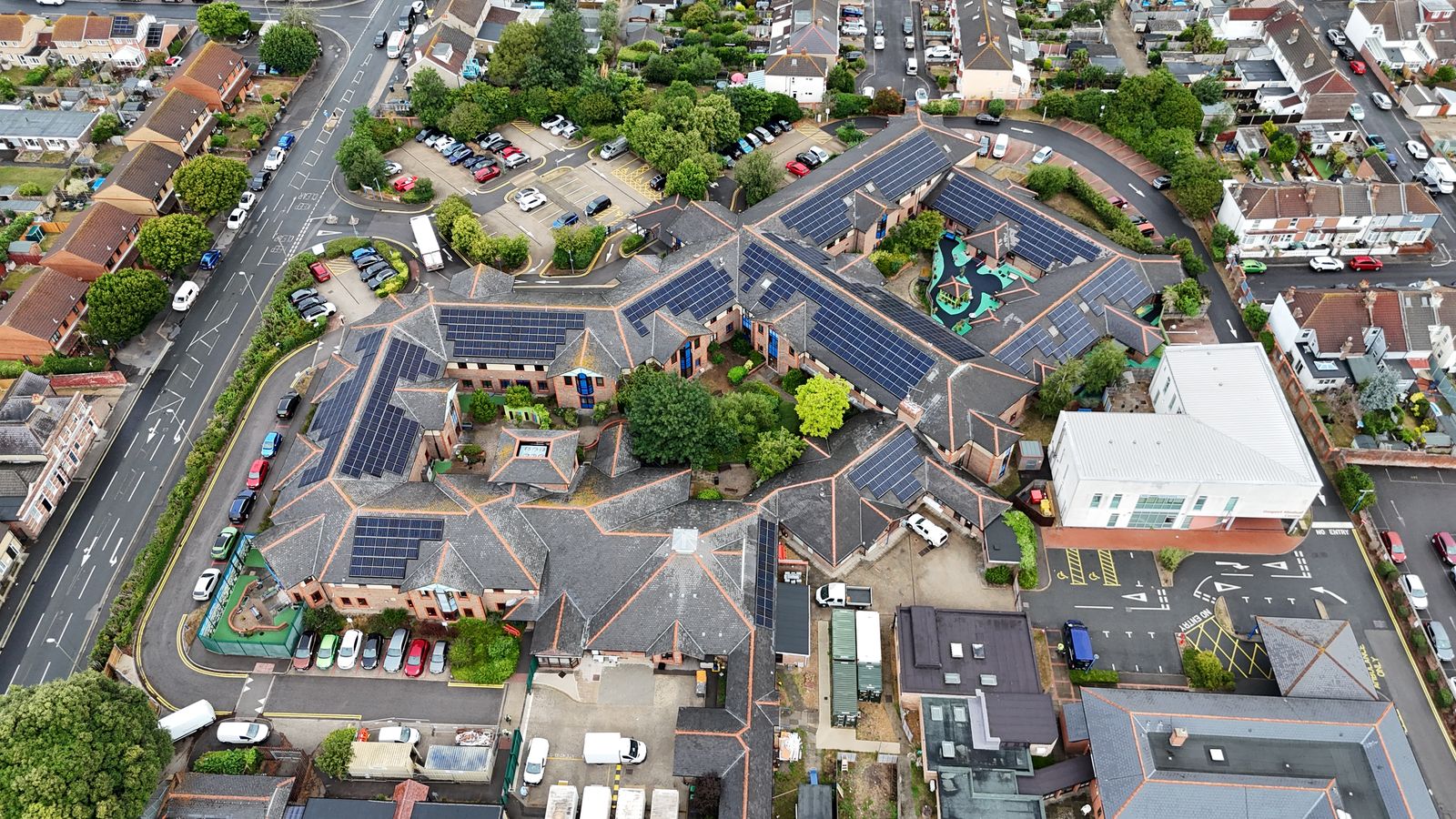 Aerial view of the rooftop solar array at Gosport War Memorial Hospital